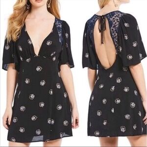 Free People Mockingbird Lace Inset Black Floral Mini Dress Women's Size‎ 2